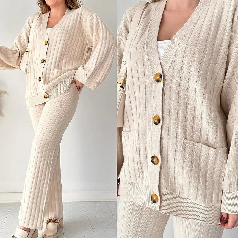 Eleanor Women's Ribbed Knit Two-Piece Set - Cardigan & Wide-Leg Pants