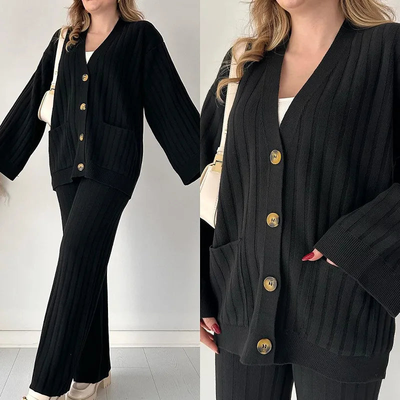 Eleanor Women's Ribbed Knit Two-Piece Set - Cardigan & Wide-Leg Pants