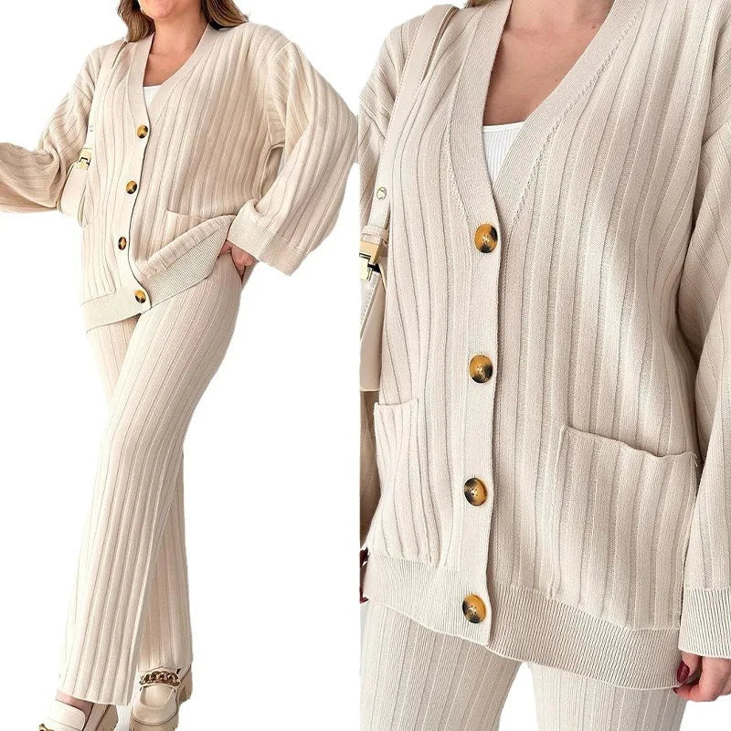 Eleanor Women's Ribbed Knit Two-Piece Set - Cardigan & Wide-Leg Pants