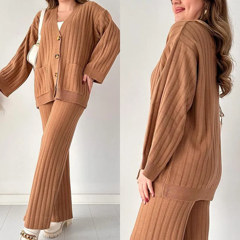 Eleanor Women's Ribbed Knit Two-Piece Set - Cardigan & Wide-Leg Pants