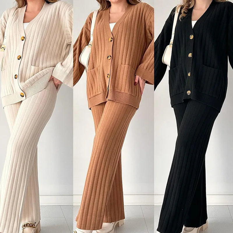 Eleanor Women's Ribbed Knit Two-Piece Set - Cardigan & Wide-Leg Pants